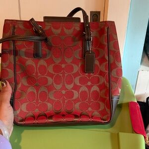 Coach Red and Brown Patterned Tote